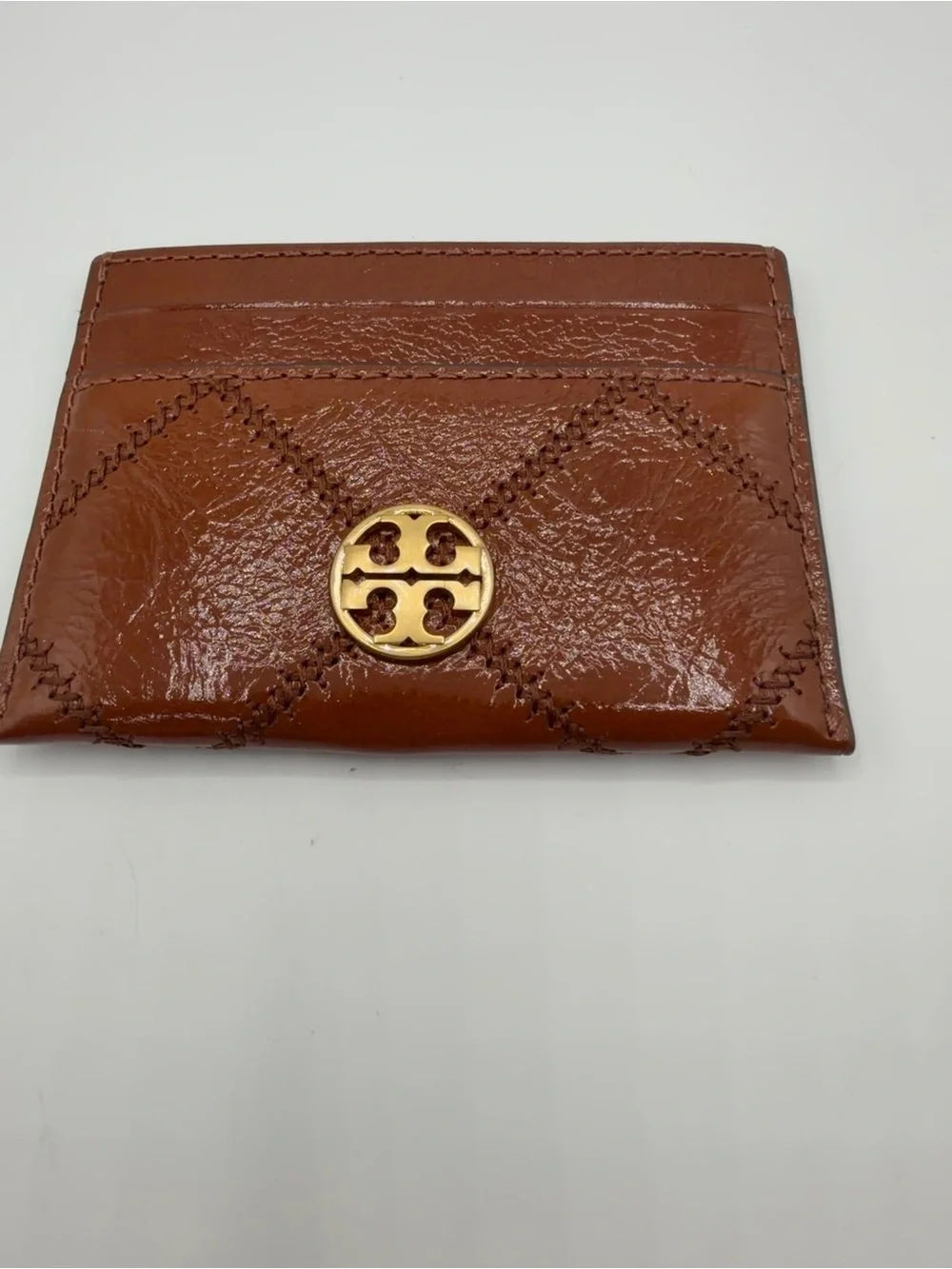 Tory Burch Willa Shine Slim Card Case Java Brown Crinkle Leather Quilted NWOT